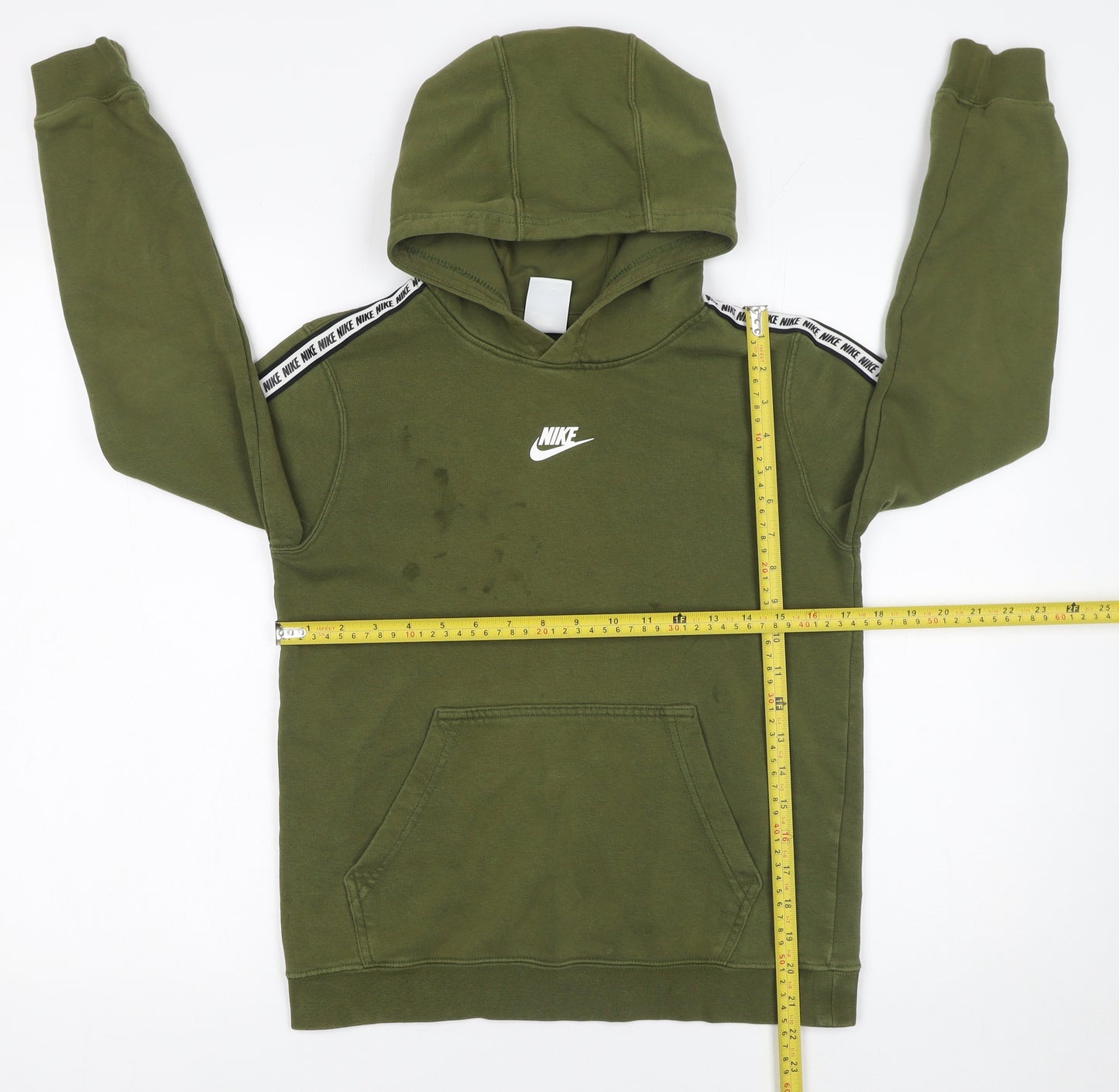 Nike Boys Green Pullover Hoodie Logo Tape Trim L 13-14 Years Fleece