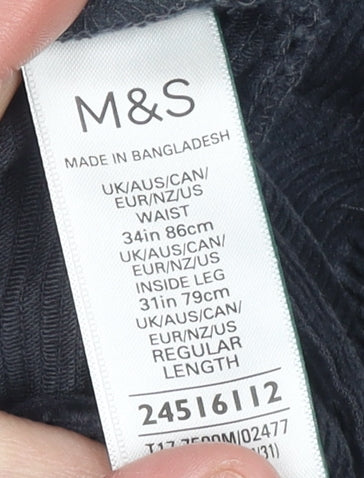 Marks and Spencer Men's Blue Corduroy Regular Fit Trousers 34x31