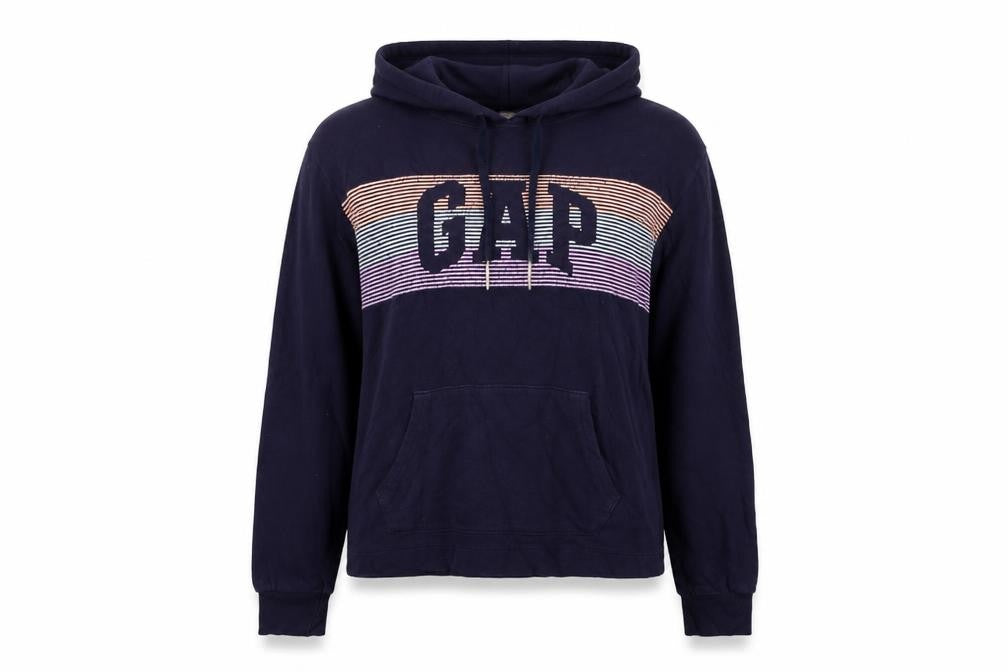 Front view of Gap women’s navy hoodie l cotton logo print casual pullover
