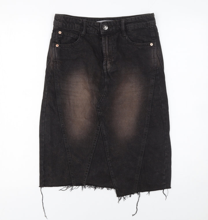 Bershka Womens Black Denim Pencil Skirt Size 6 High Rise Stretch