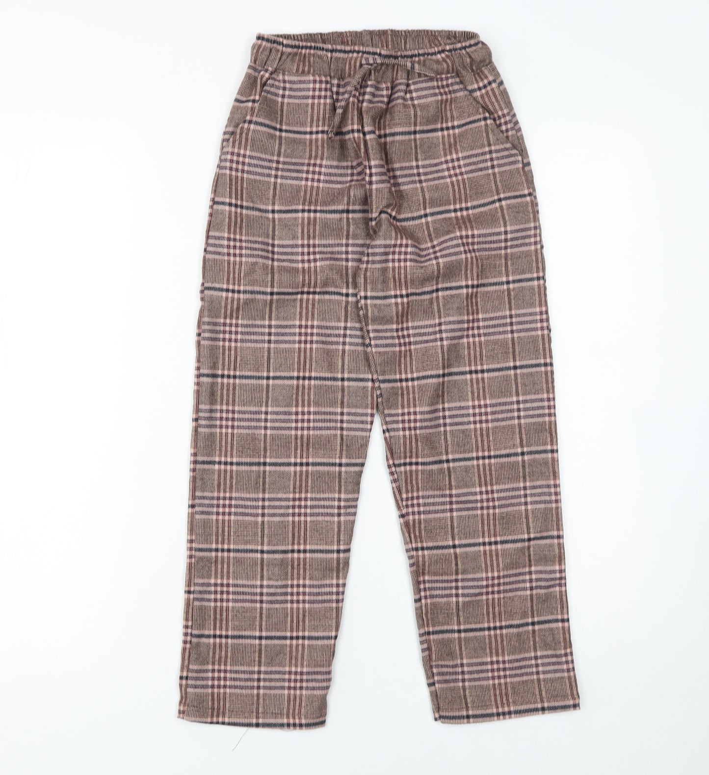 Next Girls Brown Check Trousers 8 Years Elastic Waist Wool Blend Warm