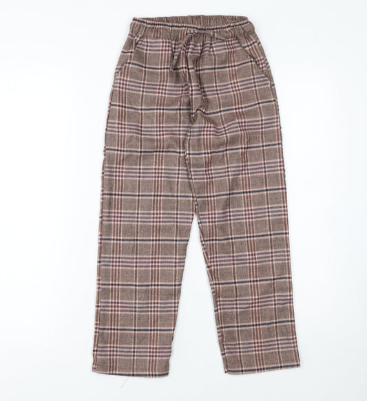 Next Girls Brown Check Trousers 8 Years Elastic Waist Wool Blend Warm