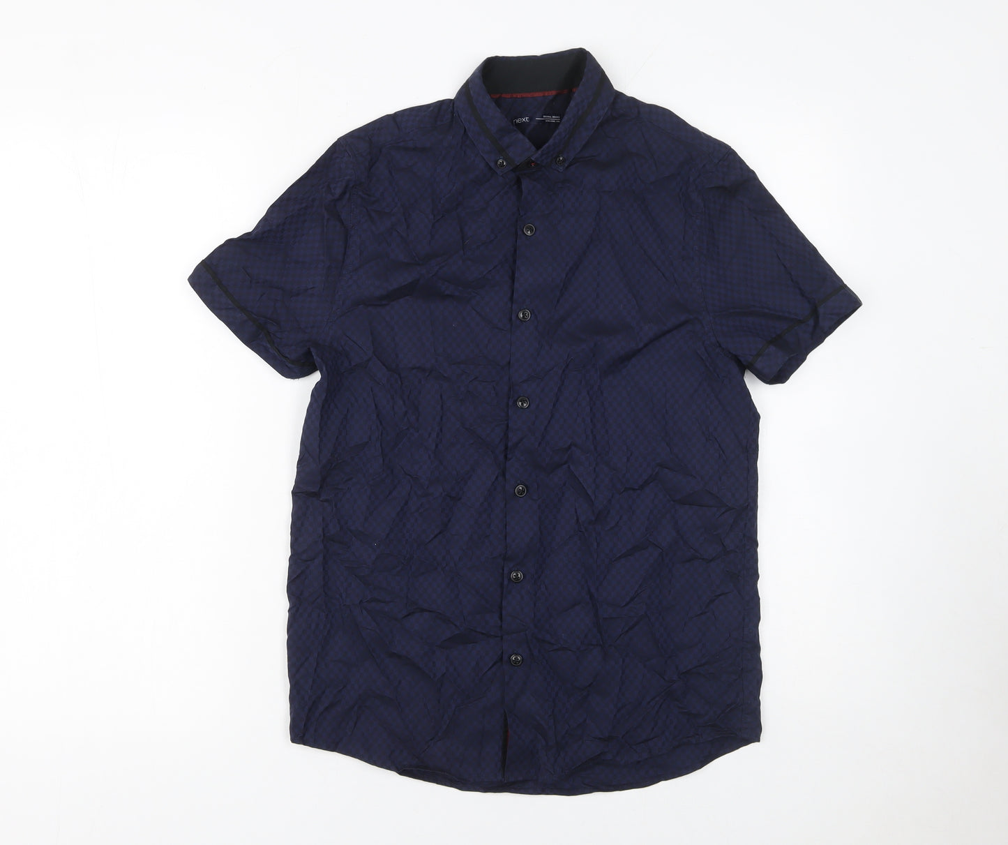 Next Boys Navy Check Short Sleeve Button-Up Shirt 13 Years 100% Cotton