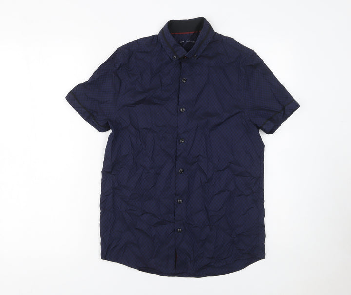 Next Boys Navy Check Short Sleeve Button-Up Shirt 13 Years 100% Cotton