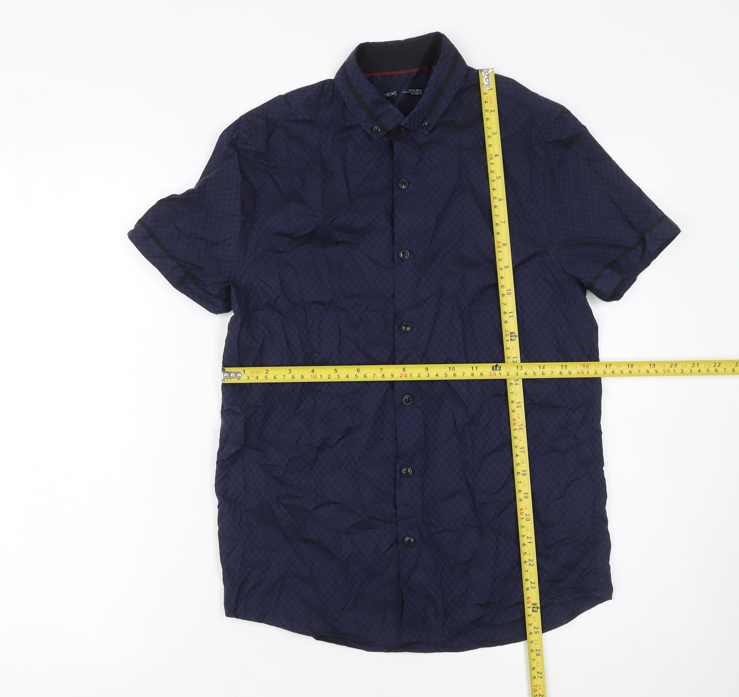 Next Boys Navy Check Short Sleeve Button-Up Shirt 13 Years 100% Cotton