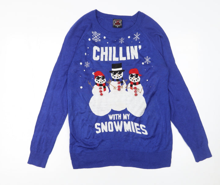Well Worn Men's Blue Christmas Jumper M Snowman Graphic Knit