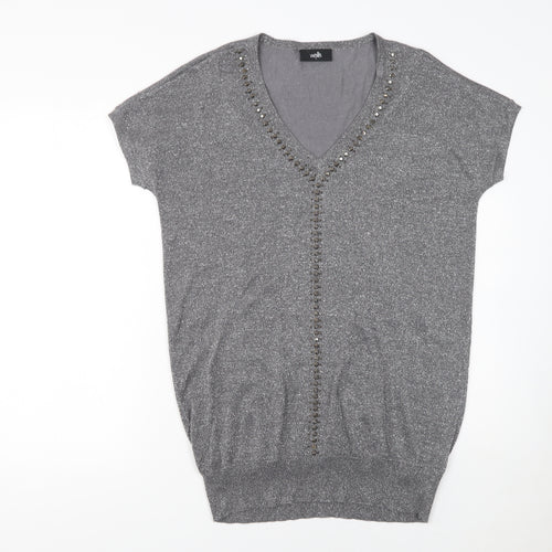 Wallis Women's Grey Beaded V-Neck Short Sleeve Jumper Size S