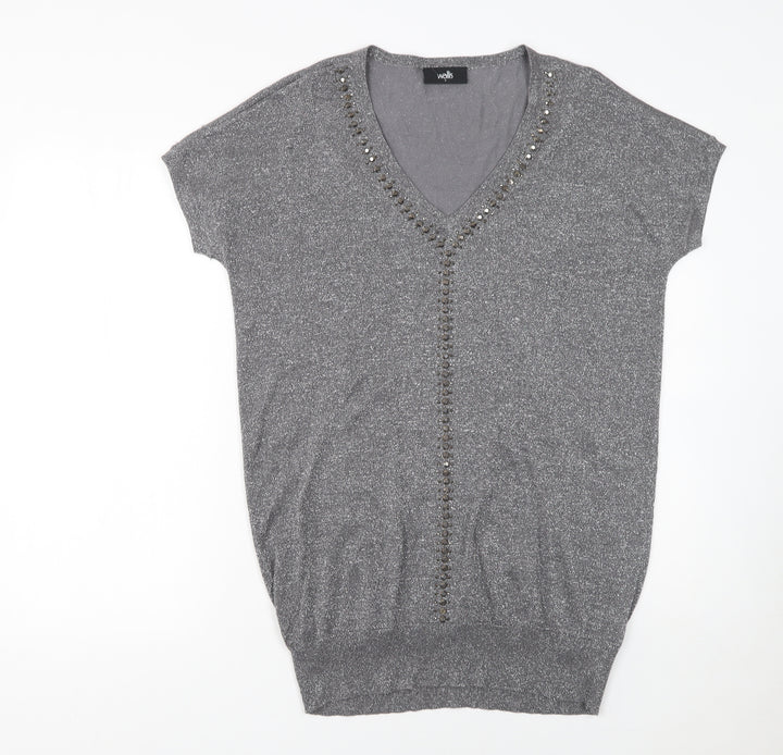 Wallis Women's Grey Beaded V-Neck Short Sleeve Jumper Size S