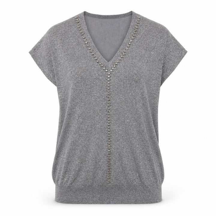 Wallis Women's Grey Beaded V-Neck Short Sleeve Jumper Size S