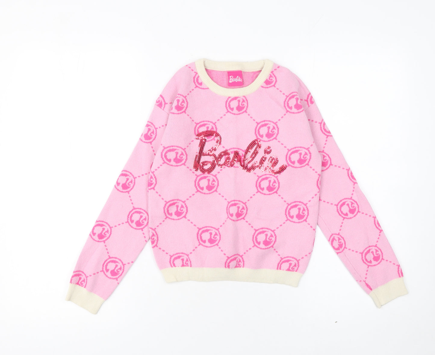 Very Girls Pink Barbie Sequin Pullover Jumper 8-9 Years Knit Crew Neck