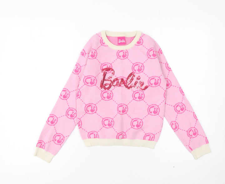Very Girls Pink Barbie Sequin Pullover Jumper 8-9 Years Knit Crew Neck