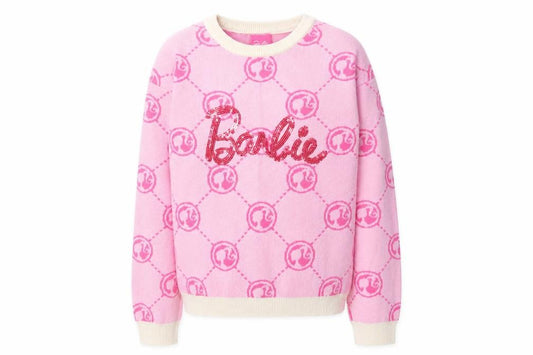 Front view of Very girls’ pink barbie sequin jumper 8-9 years knit crew neck