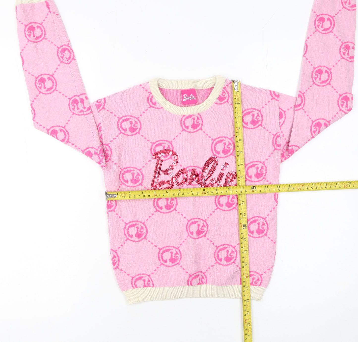 Very Girls Pink Barbie Sequin Pullover Jumper 8-9 Years Knit Crew Neck