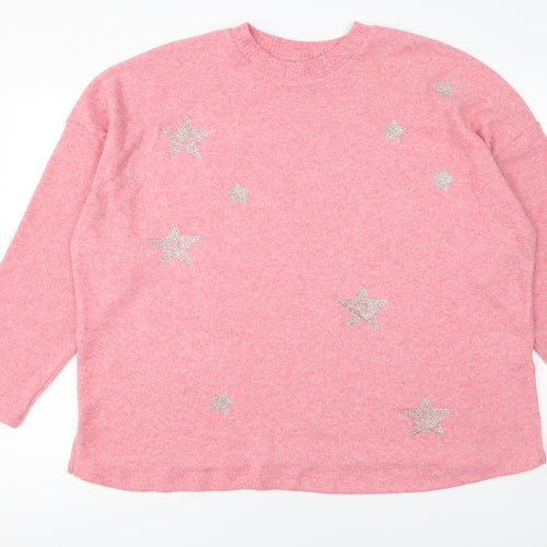 F&F Womens Pink Rhinestone Star Pullover Jumper XL