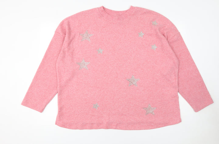 F&F Womens Pink Rhinestone Star Pullover Jumper XL