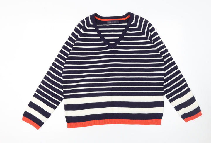 Marks and Spencer Women’s Blue Striped Acrylic V-Neck Jumper Size 14