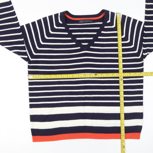 Marks and Spencer Women’s Blue Striped Acrylic V-Neck Jumper Size 14
