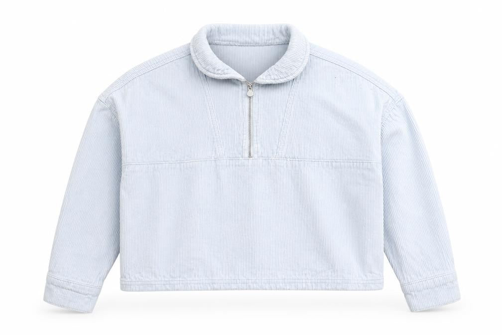 Front view of ASOS DESIGN Women Blue Corduroy Cropped Half Zip Jacket, size 6