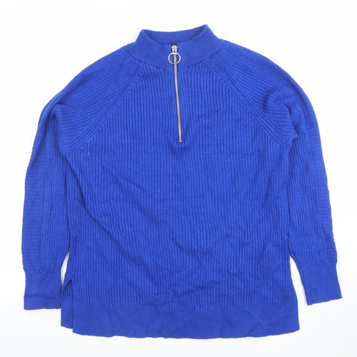 Marks and Spencer Women Blue Mock Neck Half Zip Ribbed Jumper Size M