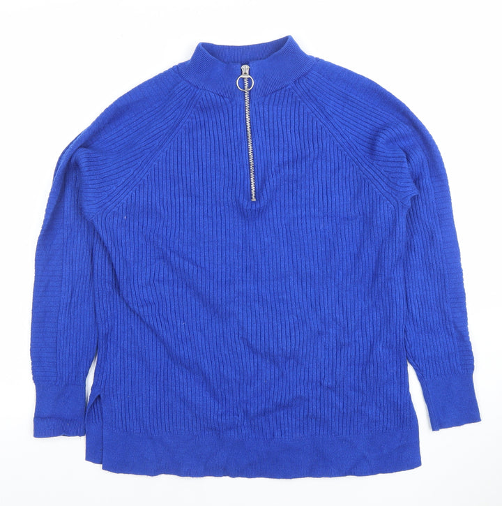 Marks and Spencer Women Blue Mock Neck Half Zip Ribbed Jumper Size M