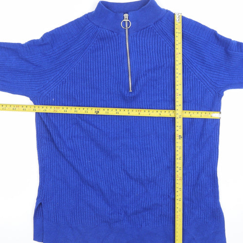 Marks and Spencer Women Blue Mock Neck Half Zip Ribbed Jumper Size M