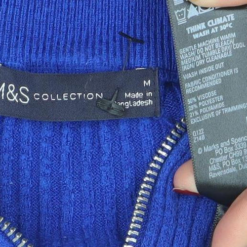 Marks and Spencer Women Blue Mock Neck Half Zip Ribbed Jumper Size M
