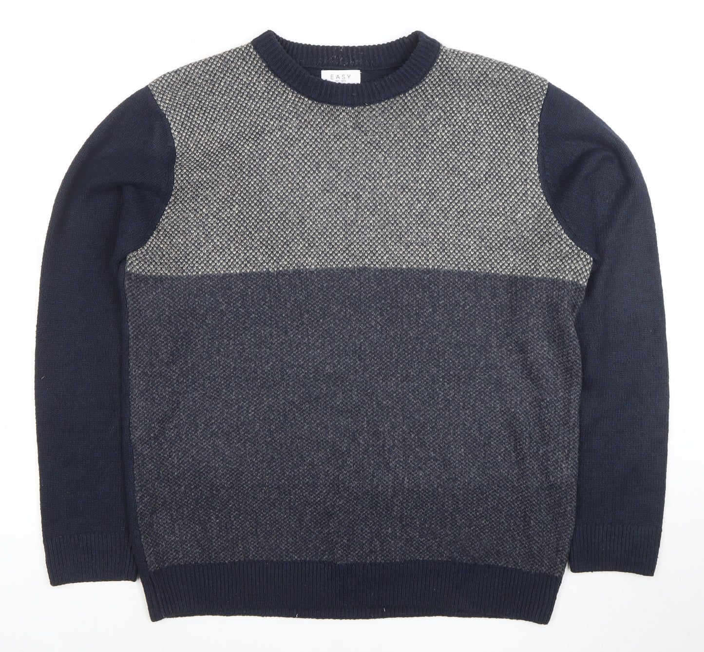 EASY Men's Blue Geometric Knit Crew Neck Pullover Jumper L