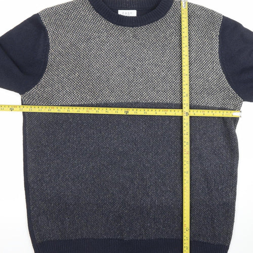 EASY Men's Blue Geometric Knit Crew Neck Pullover Jumper L