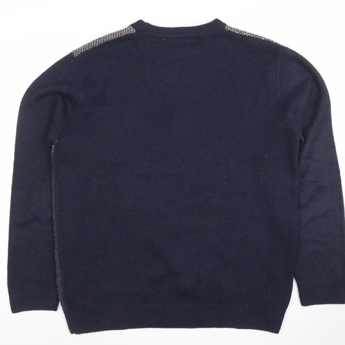 EASY Men's Blue Geometric Knit Crew Neck Pullover Jumper L