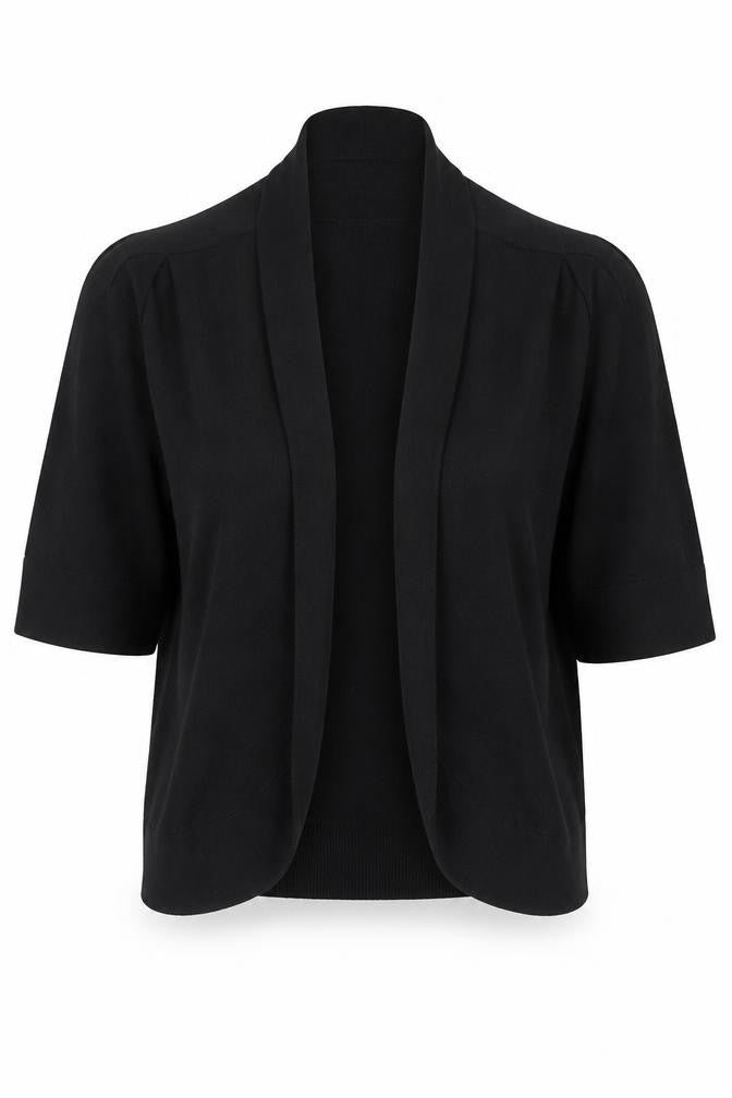 Front view of Carmen Marc Valvo Women's Black L Knit Open Cardigan
