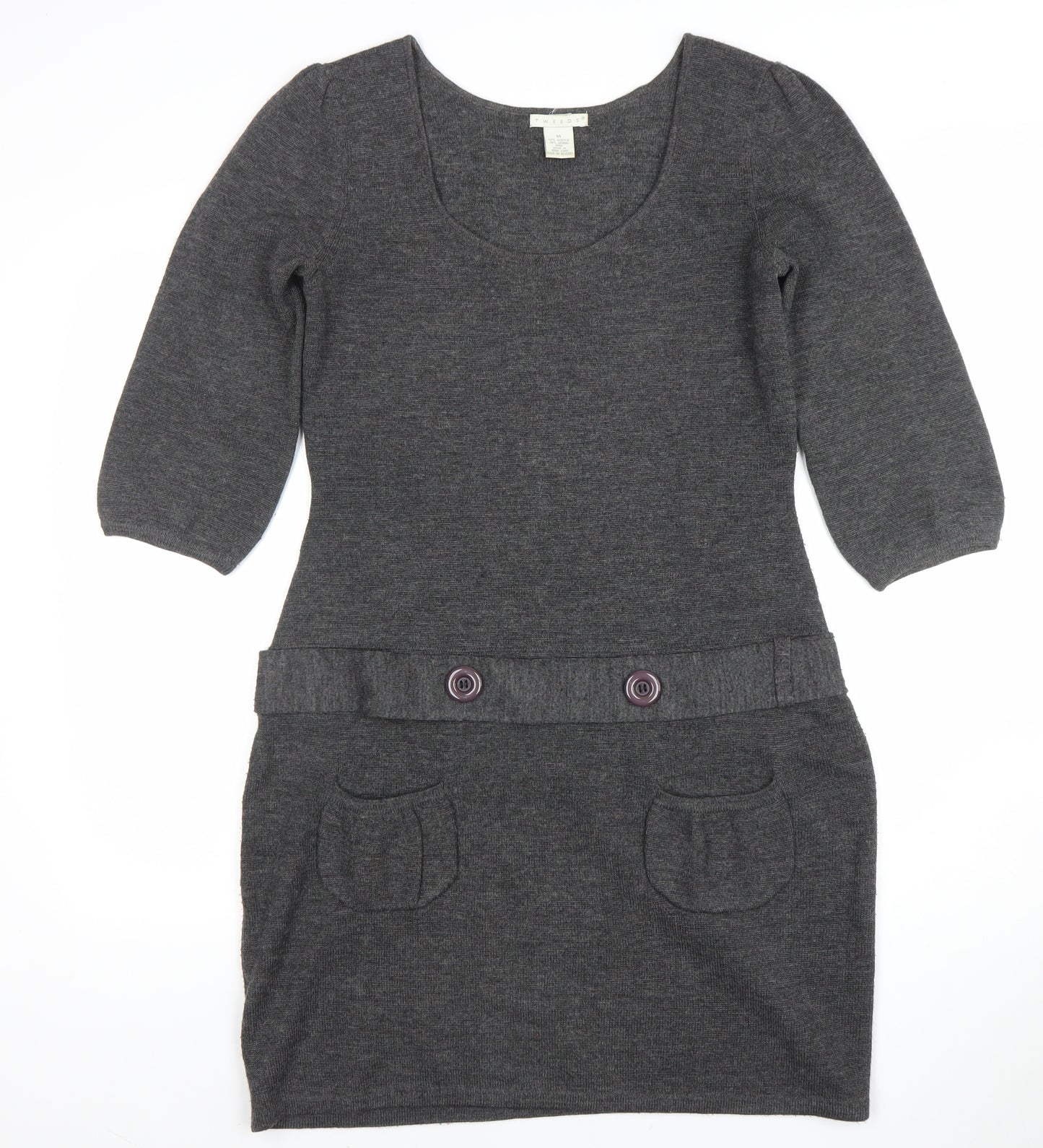 TWEEDS Women’s Grey Knit Jumper Dress M 3/4 Sleeve Scoop Neck