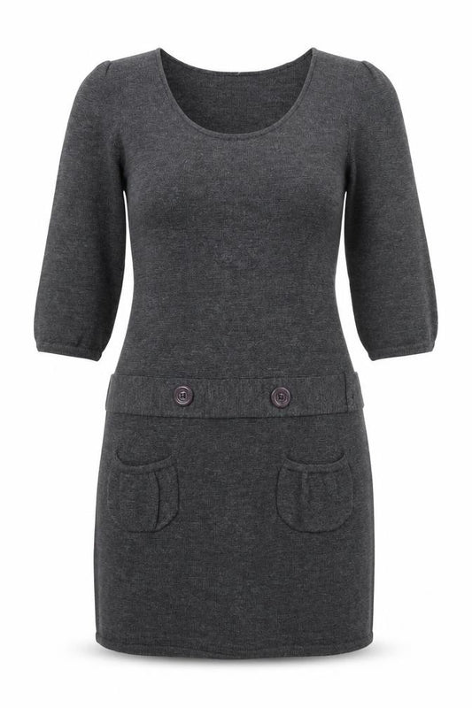 Front view of TWEEDS Women’s Grey Knit Jumper Dress M 3/4 Sleeve Scoop Neck