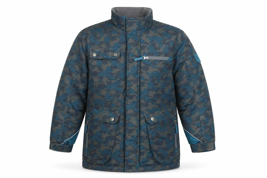 Front view of Cherokee boys’ blue camouflage puffer jacket 8-10 years water resistant