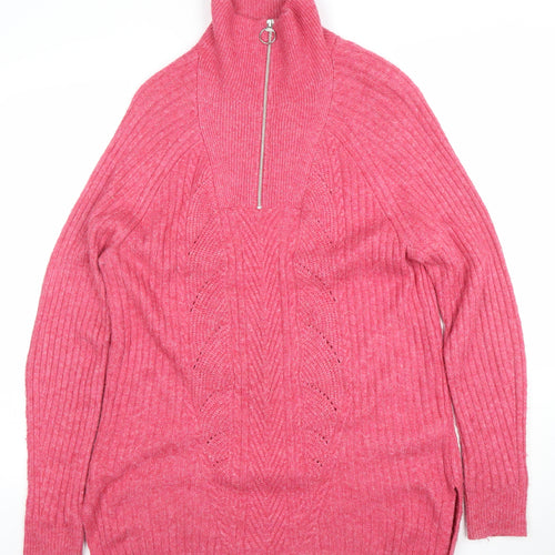 Marks and Spencer Women's Pink High Neck Half Zip Wool Jumper Size M