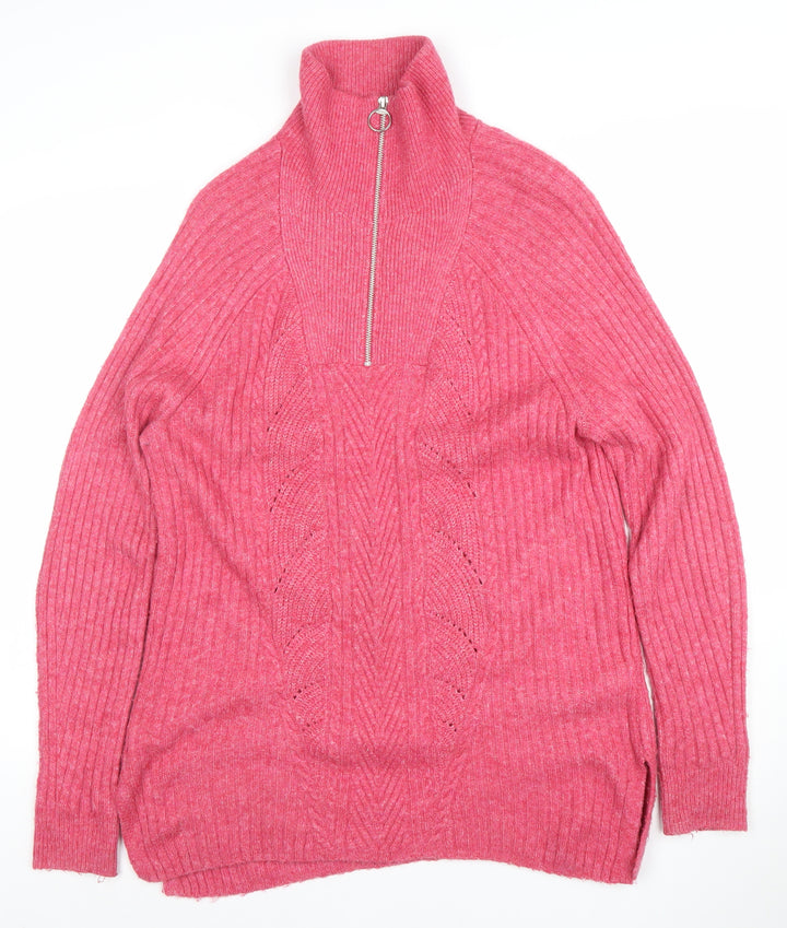Marks and Spencer Women's Pink High Neck Half Zip Wool Jumper Size M