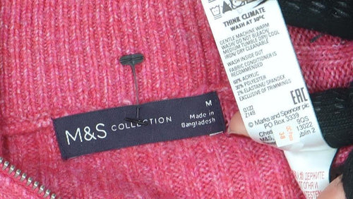 Marks and Spencer Women's Pink High Neck Half Zip Wool Jumper Size M