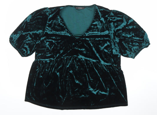 Dunnes Women’s Green Velvet V-Neck Puff Sleeve Tunic Blouse Size L