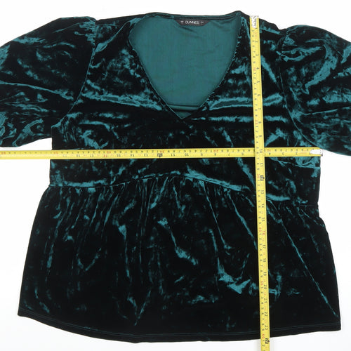 Dunnes Women’s Green Velvet V-Neck Puff Sleeve Tunic Blouse Size L