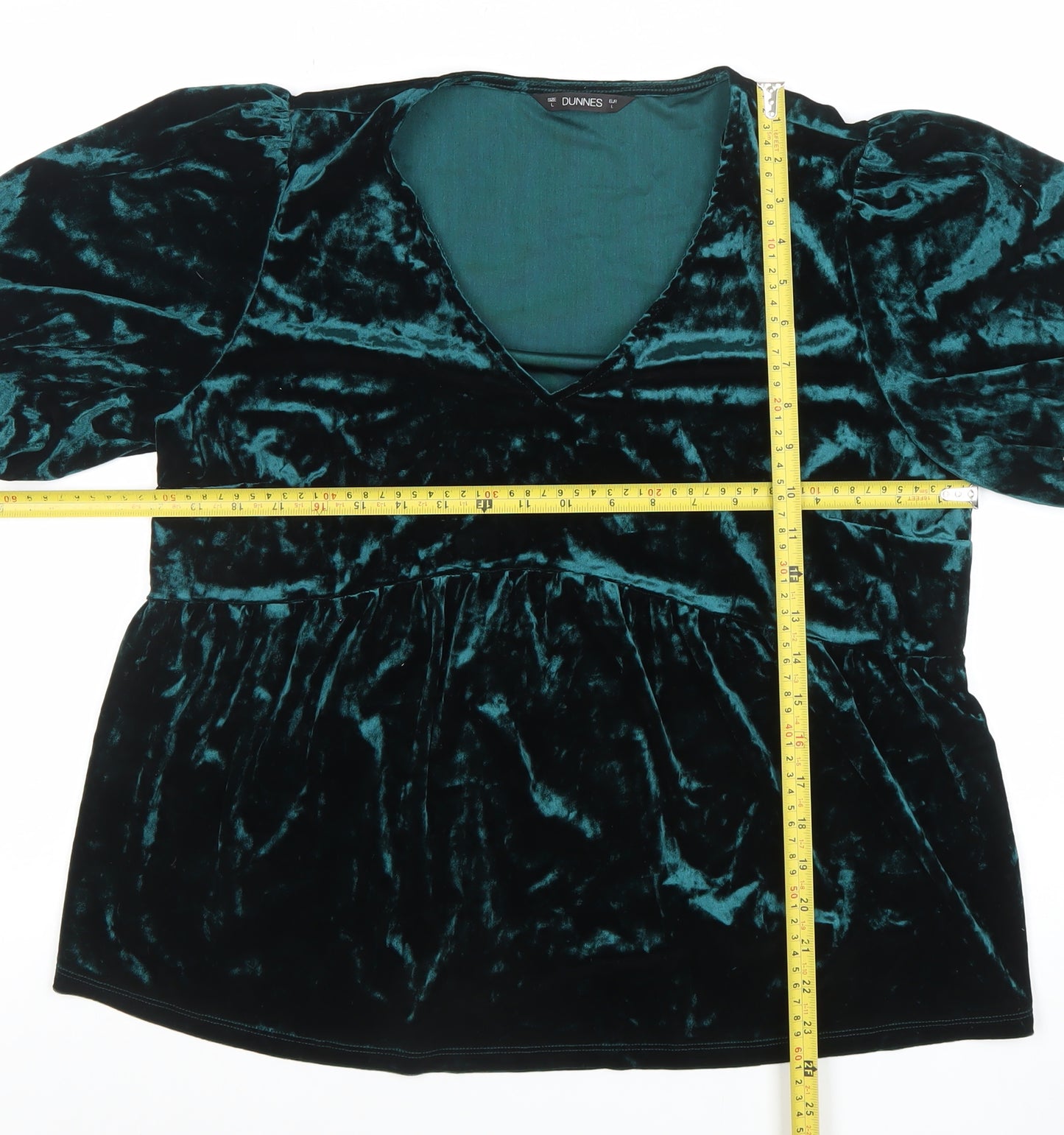 Dunnes Women’s Green Velvet V-Neck Puff Sleeve Tunic Blouse Size L