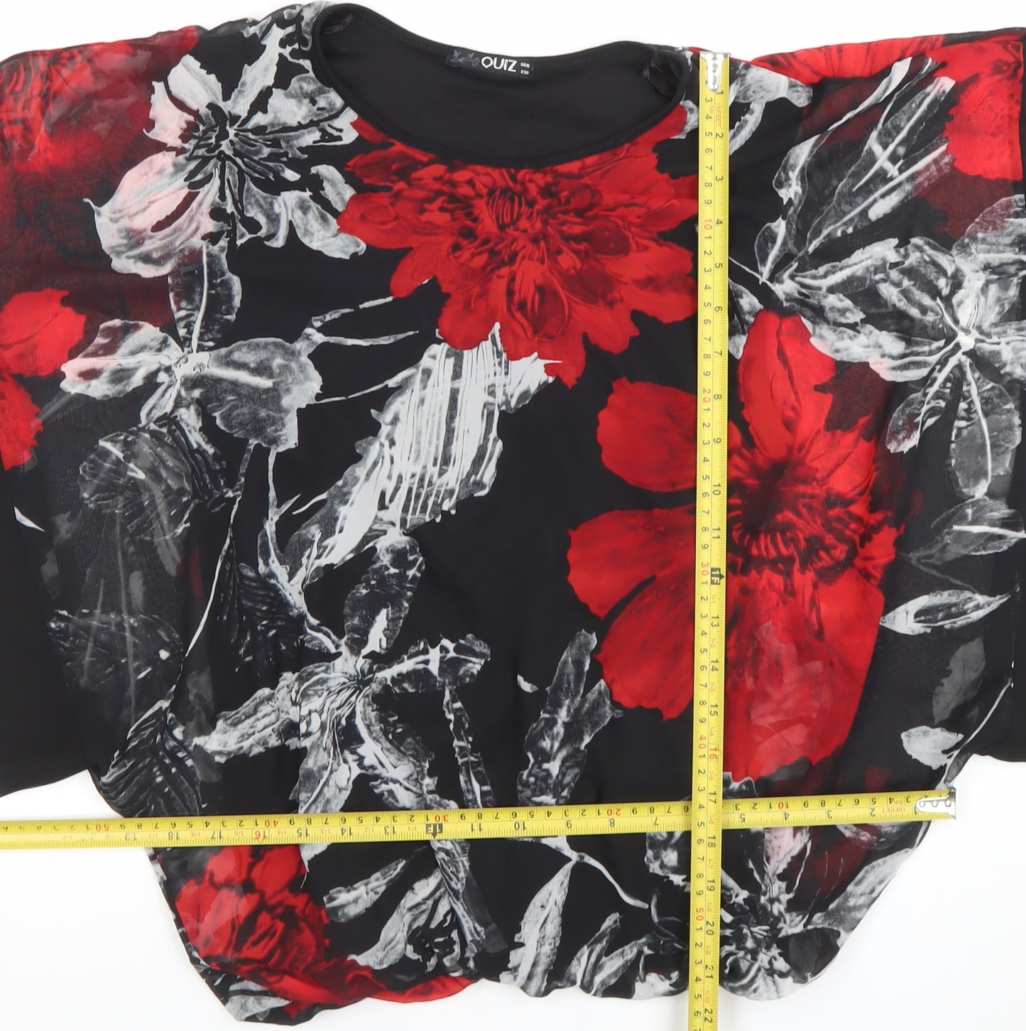 Quiz Women's Black Red Floral Chiffon Kimono Blouse Size 10