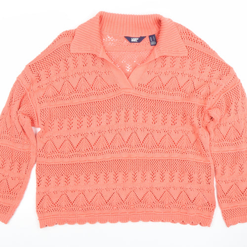 Lands' End Women's Pink Cotton Collared Open-Knit Jumper Size L
