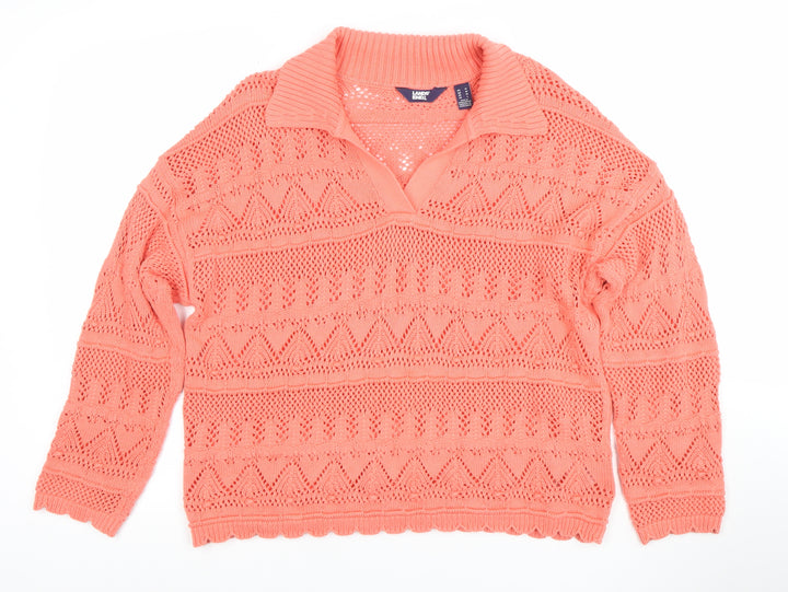 Lands' End Women's Pink Cotton Collared Open-Knit Jumper Size L