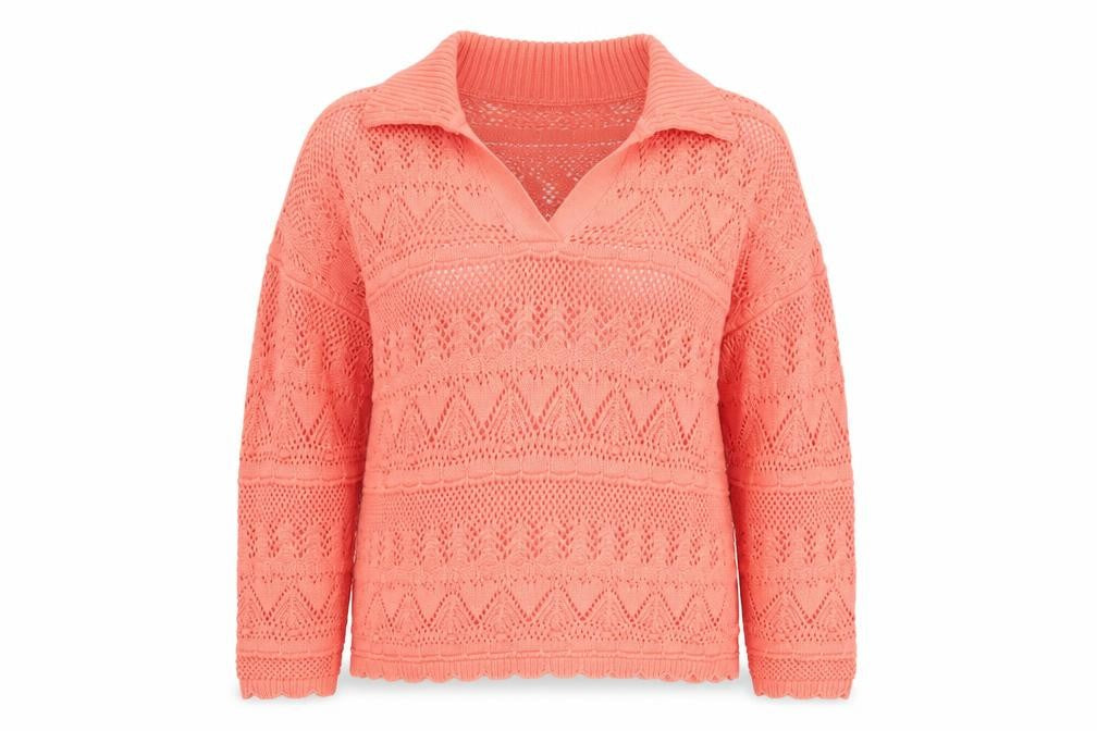 Front view of Lands' End Women's Pink Cotton Collared Open-Knit Jumper, size L