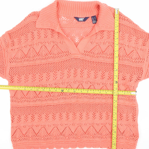 Lands' End Women's Pink Cotton Collared Open-Knit Jumper Size L