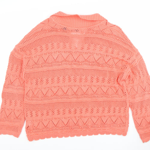 Lands' End Women's Pink Cotton Collared Open-Knit Jumper Size L