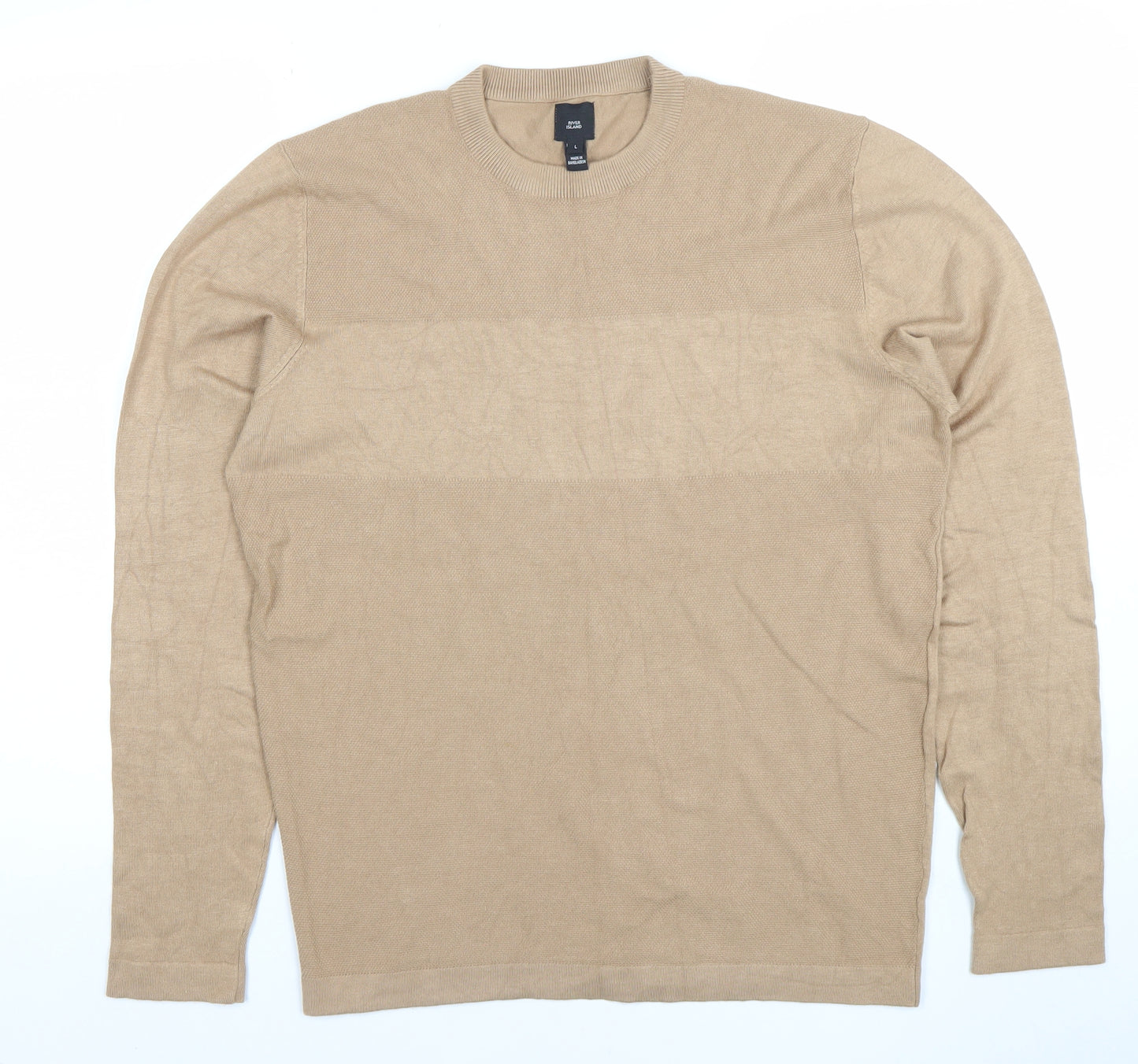 River Island Mens Beige Cotton Crew Neck Jumper L Regular Fit