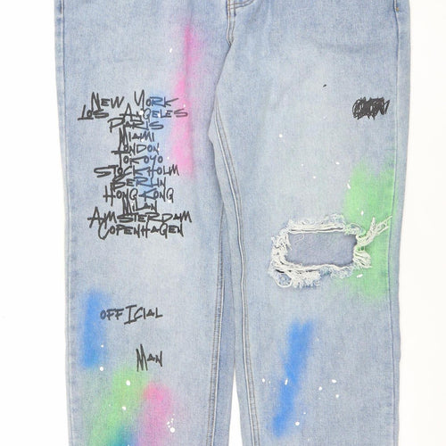boohooMAN Men's Blue Distressed Spray Paint Graphic Straight Jeans Size 30
