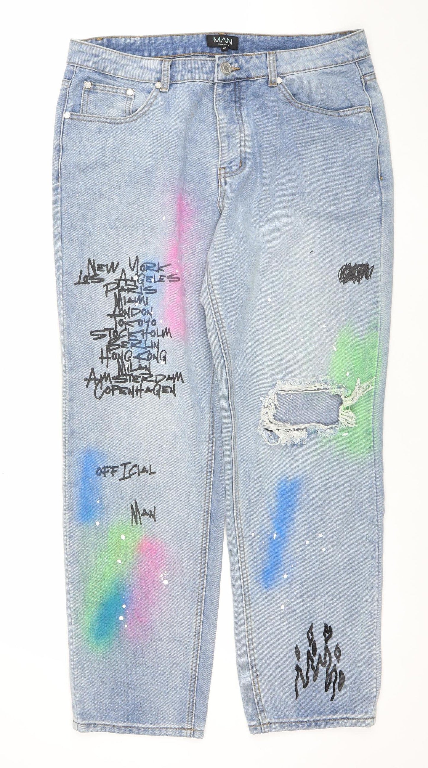 boohooMAN Men's Blue Distressed Spray Paint Graphic Straight Jeans Size 30