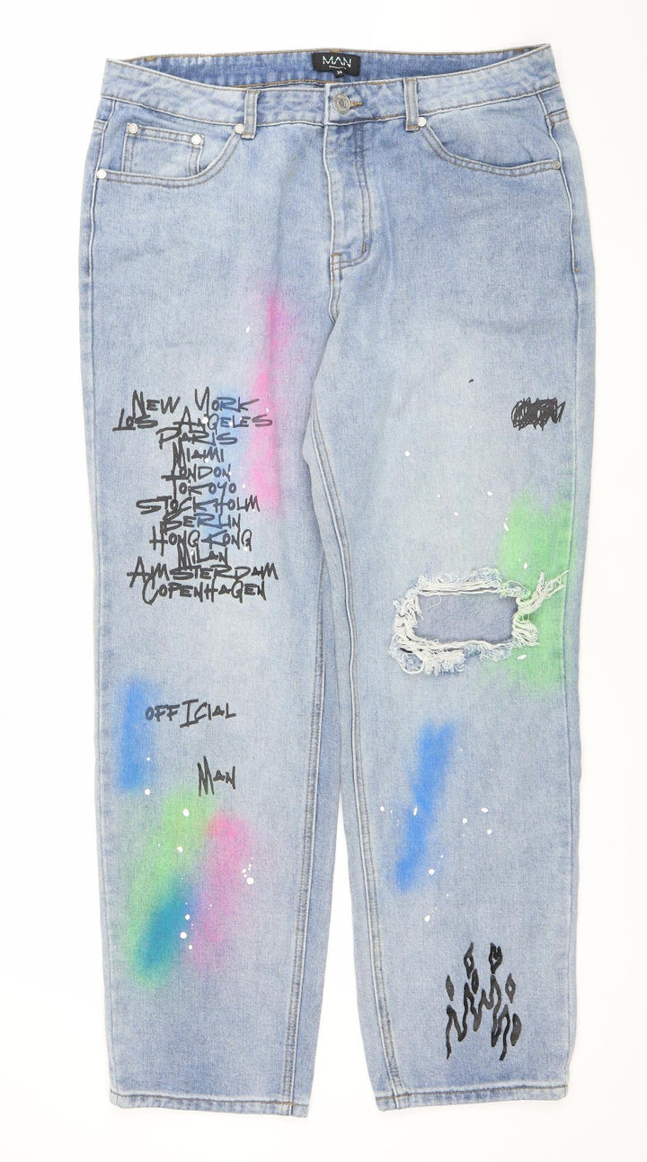 boohooMAN Men's Blue Distressed Spray Paint Graphic Straight Jeans Size 30