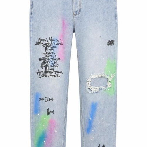 boohooMAN Men's Blue Distressed Spray Paint Graphic Straight Jeans Size 30